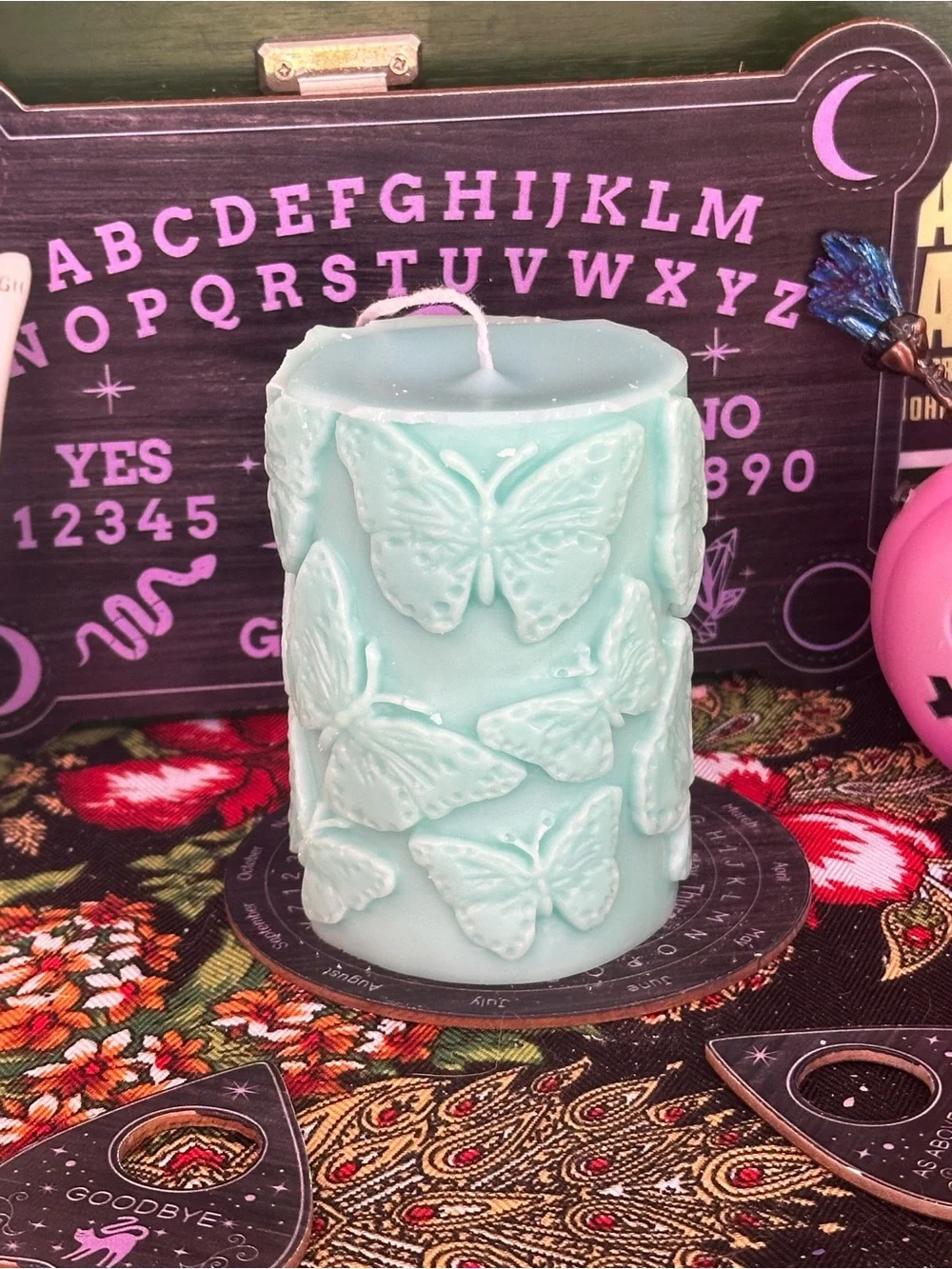 Butterfly Pillar Candle | Aqua Butterfly Candle | Cottagecore Decor